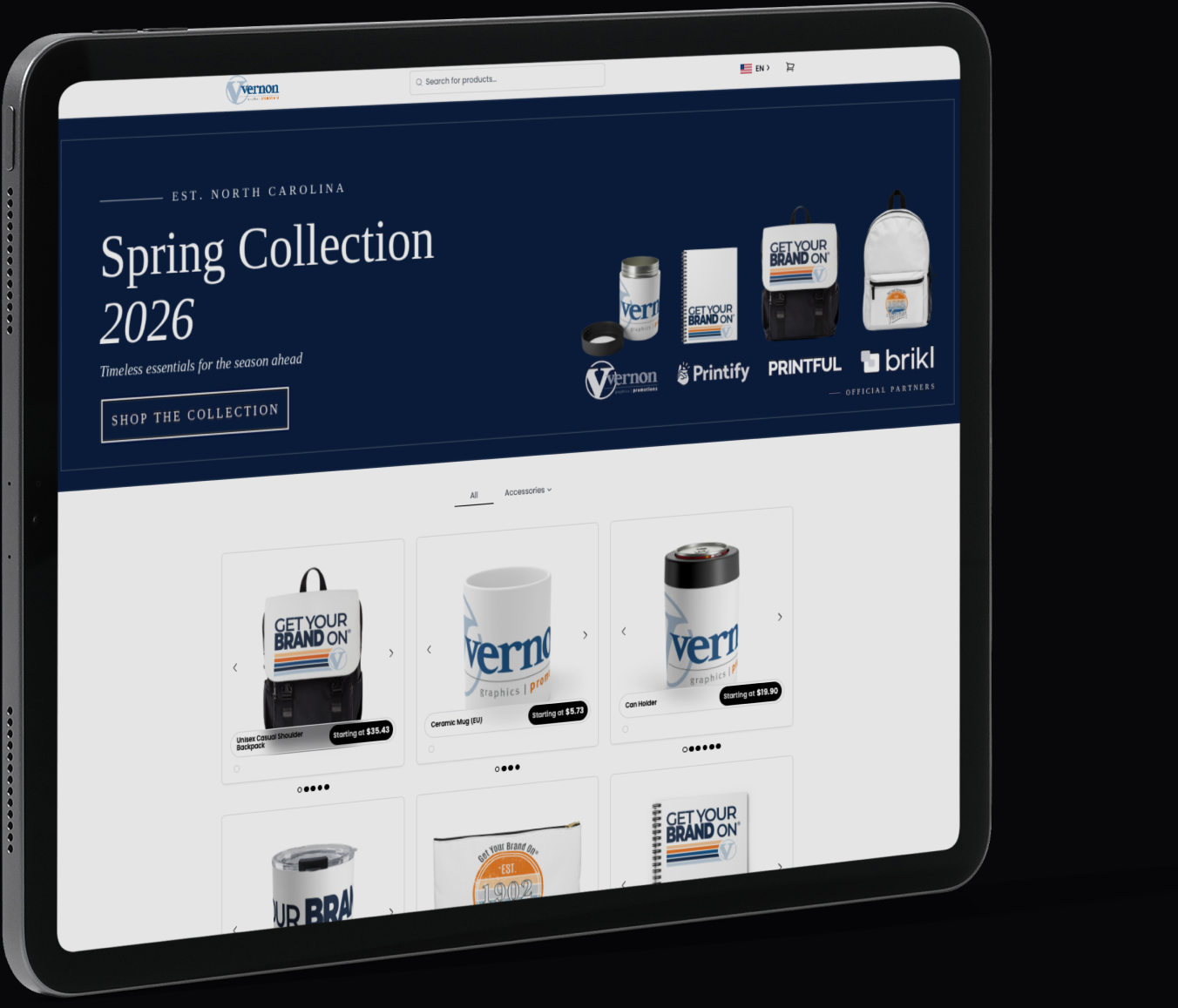 Vernon on-demand store built on Brikl, shown on a floating tablet
