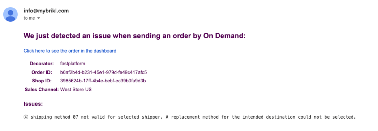 Email Notifications for Failed On-demand Orders