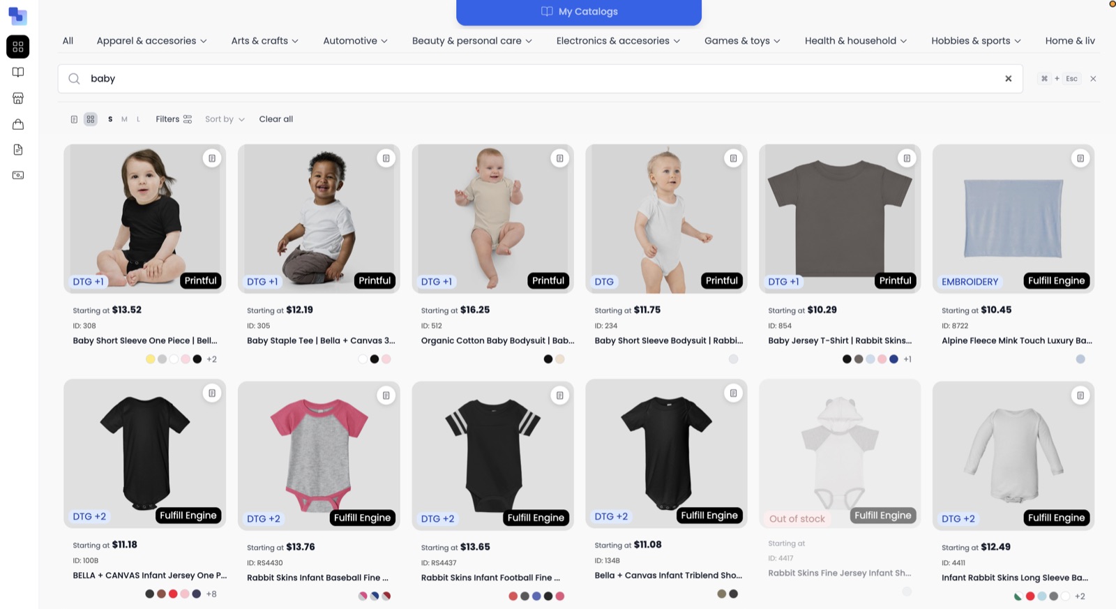Custom branded baby merch in the Brikl marketplace — Bella+Canvas and Rabbit Skins onesies, bodysuits and infant tees