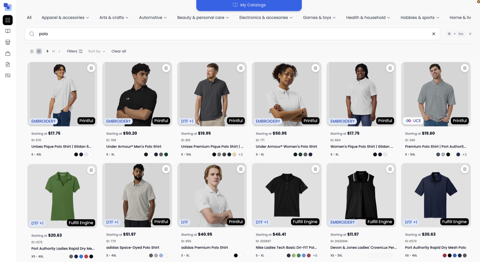 Custom branded polos in the Brikl marketplace — Nike, adidas, Under Armour and Port Authority polo shirts