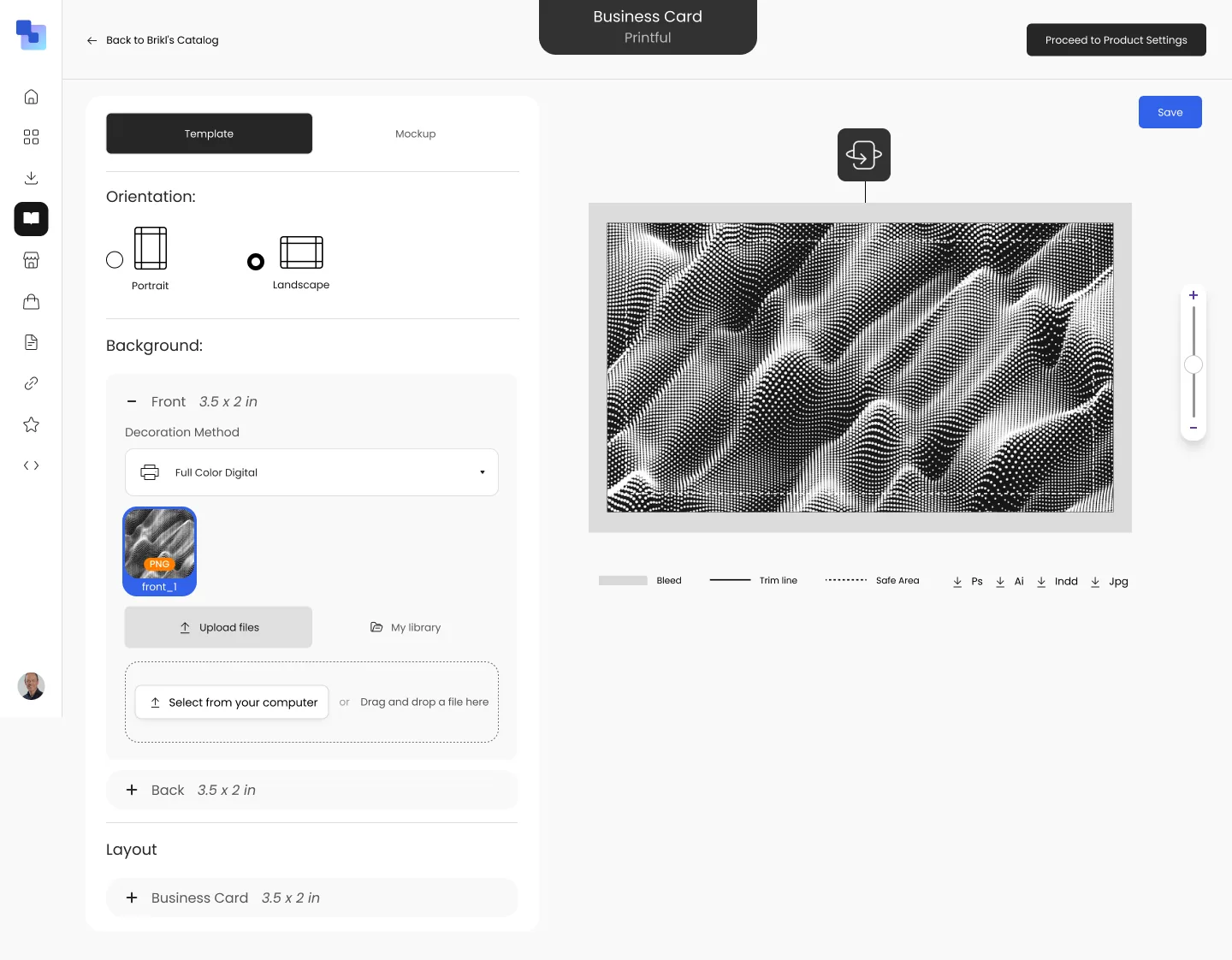 Brikl dashboard showing the business card template editor with a custom background design uploaded — bleed, trim, and safe area guides visible