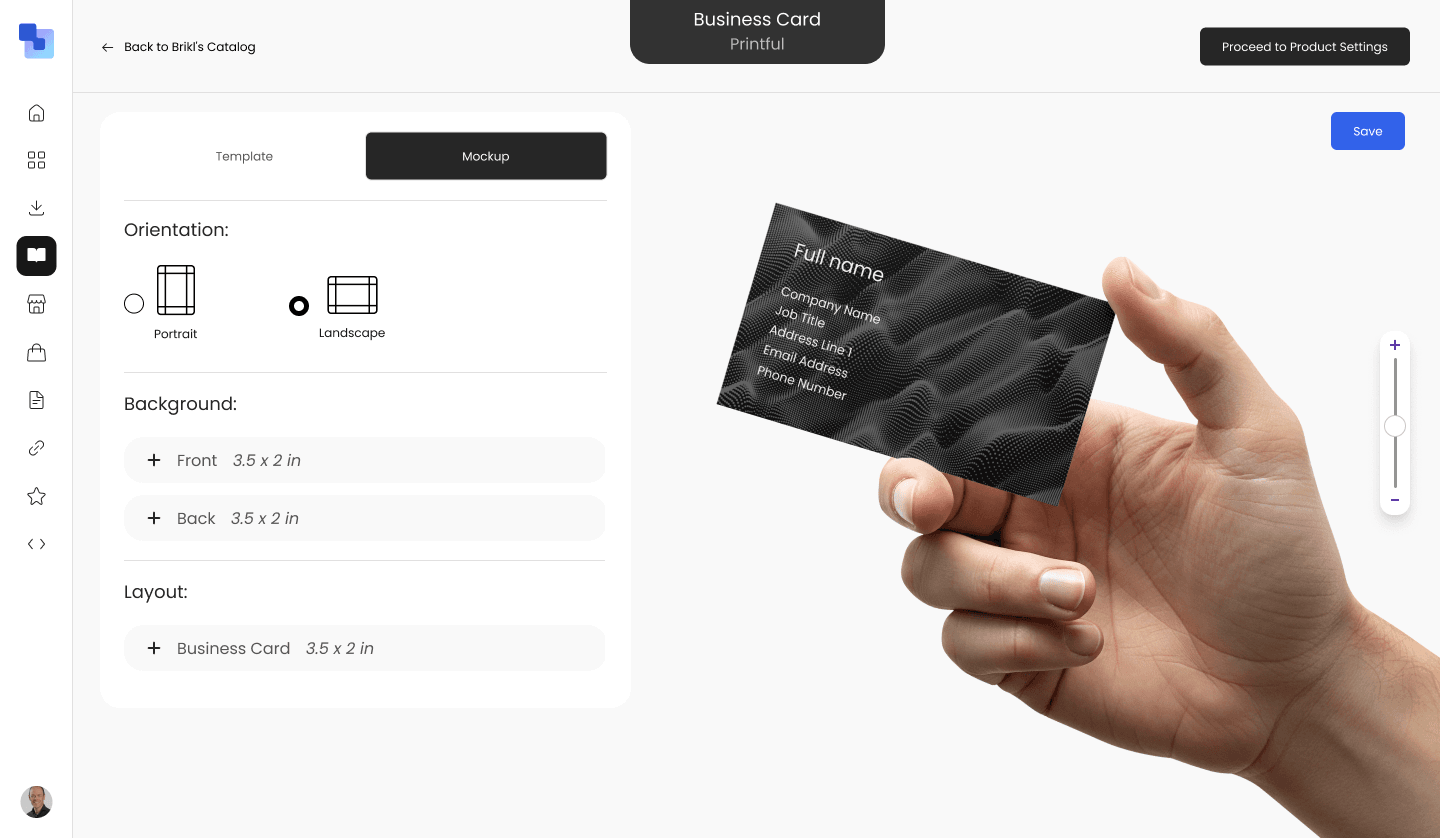 Brikl on-demand business cards mockup preview with personalized name, title, and contact details