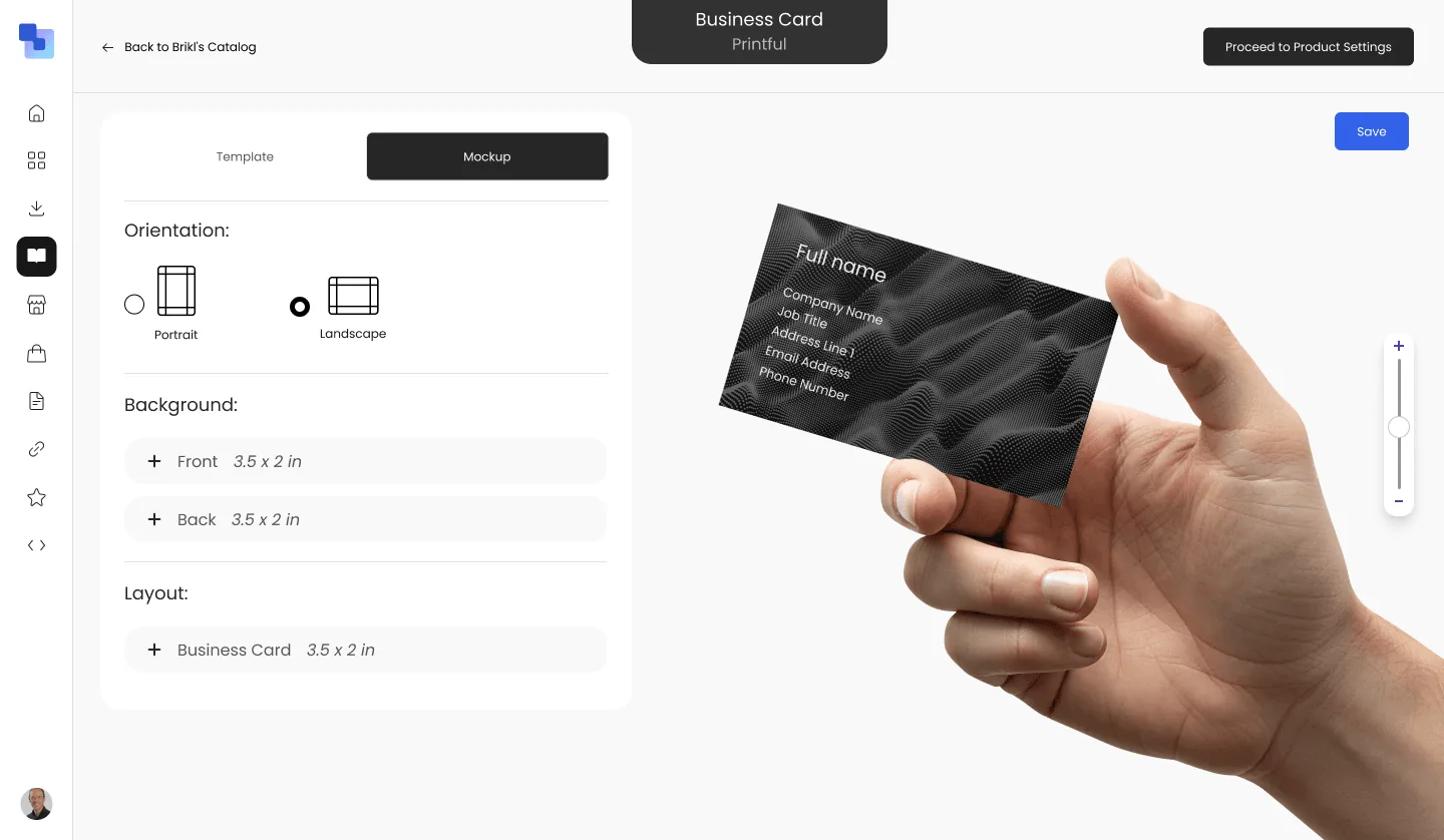 Brikl dashboard mockup tab showing a realistic 3D preview of the business card held in a hand