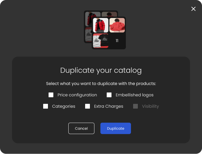 Catalog duplication modal showing checkboxes for Price configuration, Embellished logos, Categories, Extra Charges, and Visibility