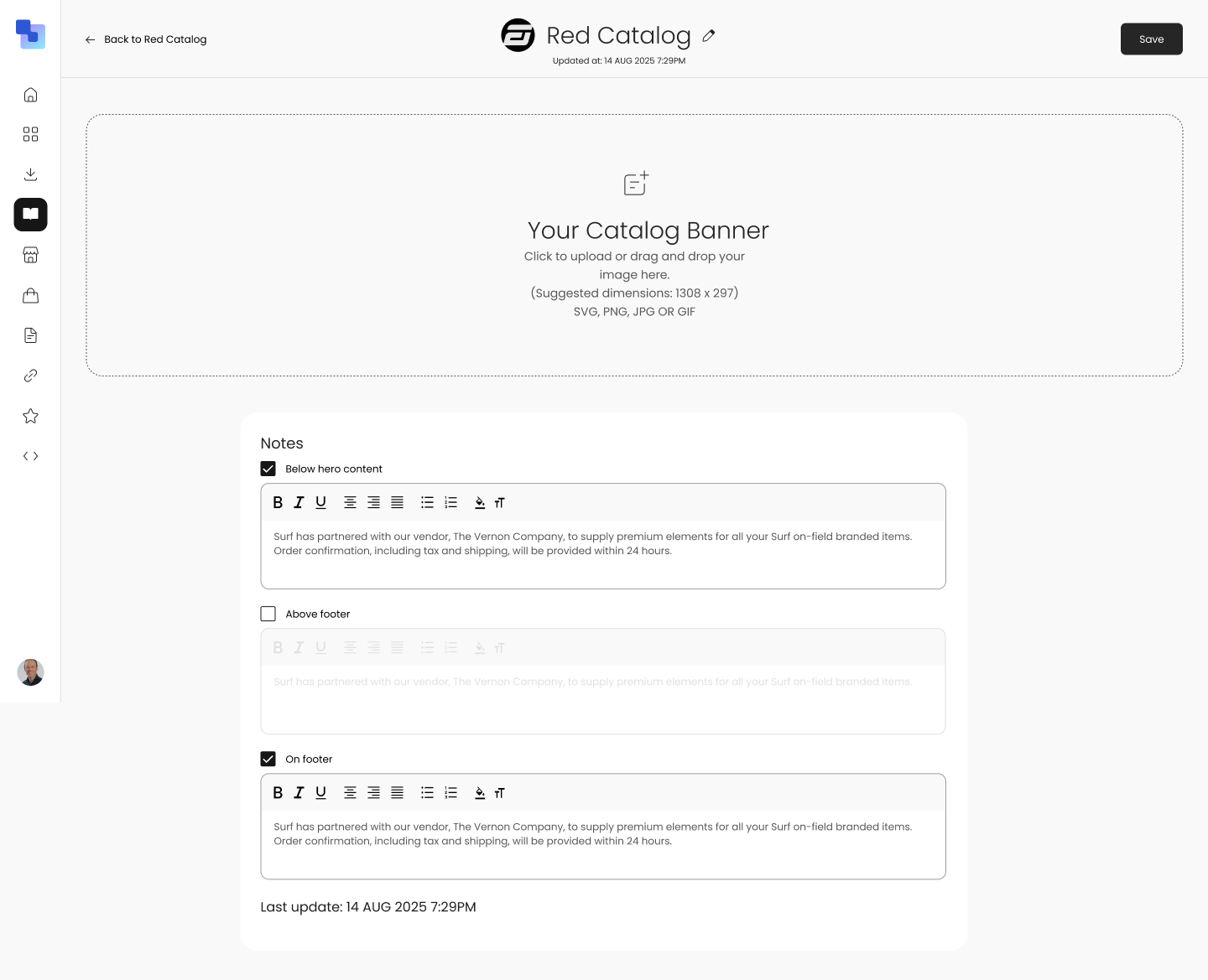 Catalog editor for Red Catalog showing banner upload area, rich-text notes section, and on-sale configuration with last update timestamp