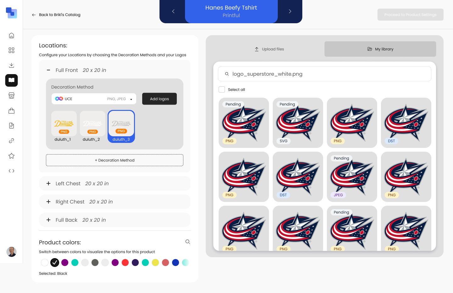 Logo library showing a search for 'logo_superstore_white.png' with results displayed in a grid — multiple format versions (PNG, SVG, DST, JPEG) of the same logo ready to assign to decoration locations