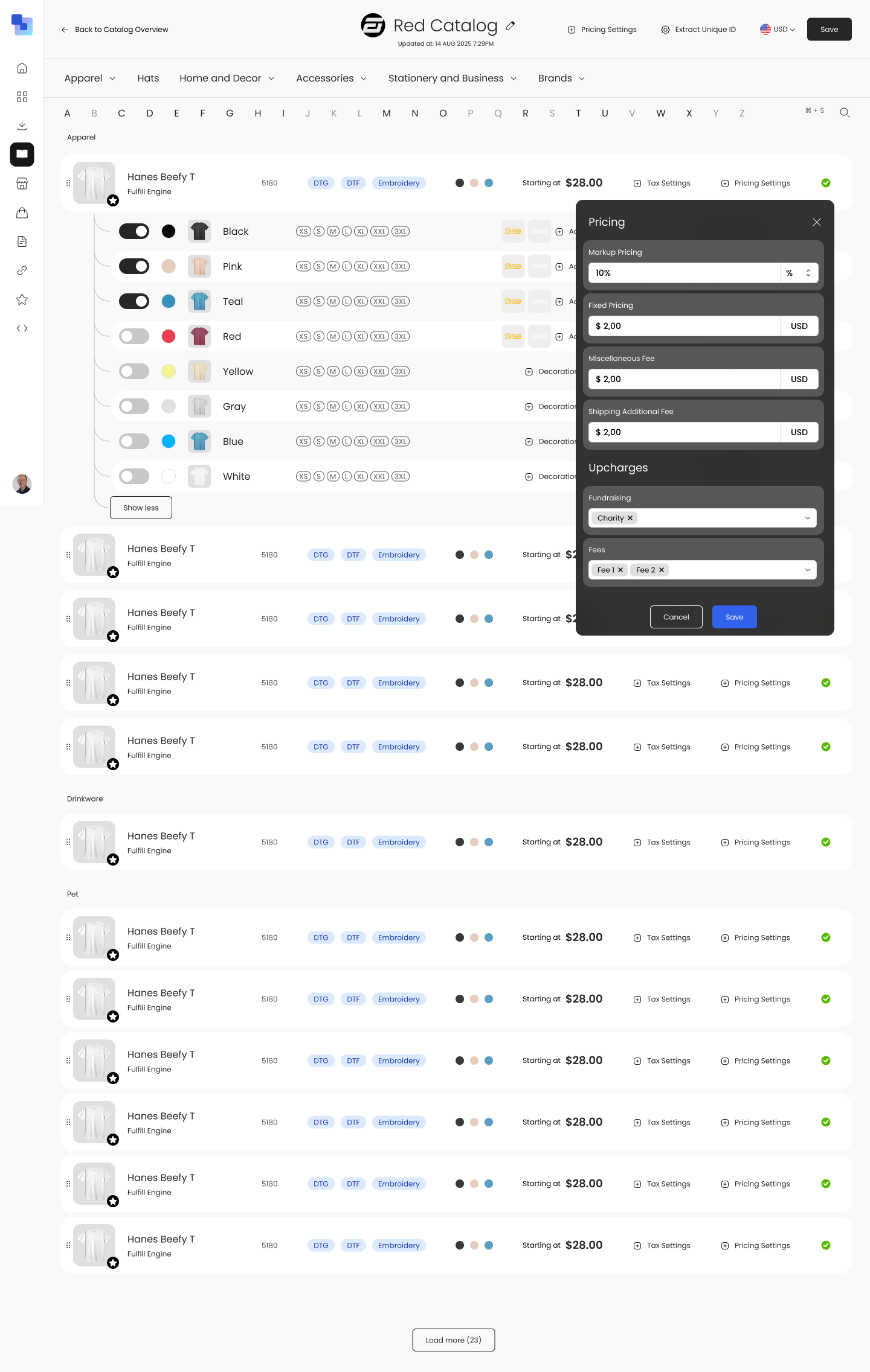 Pricing configuration showing wholesale COGS, markup percentage, and resulting retail price for each product variant