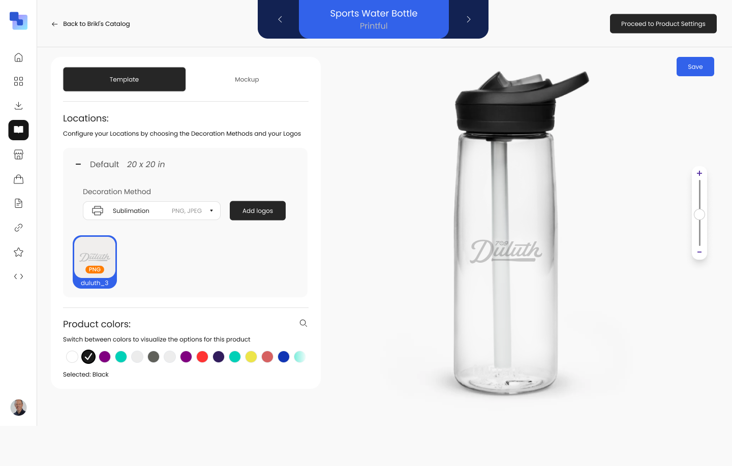 Design tool showing a Sports Water Bottle with sublimation decoration method, template view with product dimensions, and a live preview of the branded water bottle with a logo applied
