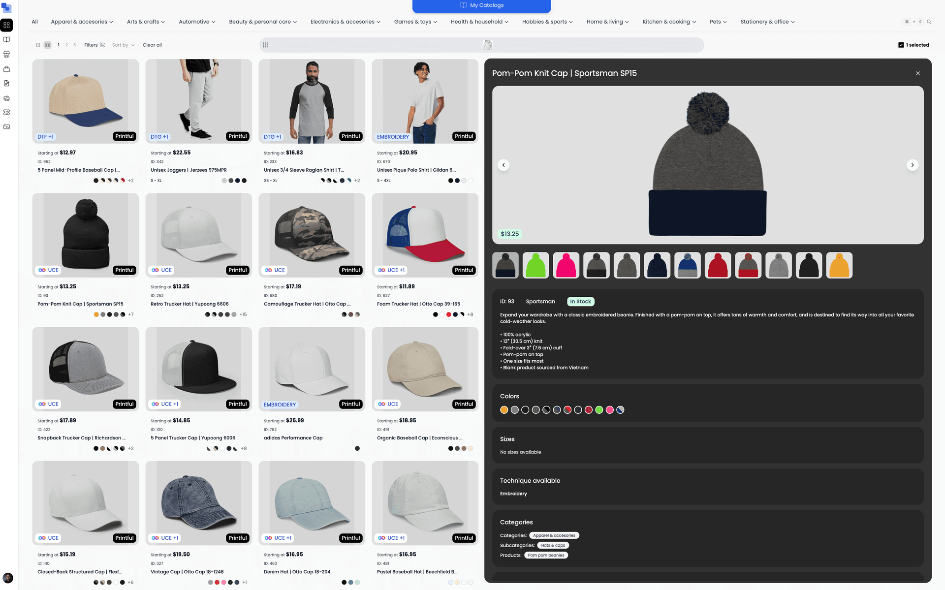 Product detail sidebar showing a Pom-Pom Knit Cap with all color options, pricing, sizes, decoration methods, and supplier information
