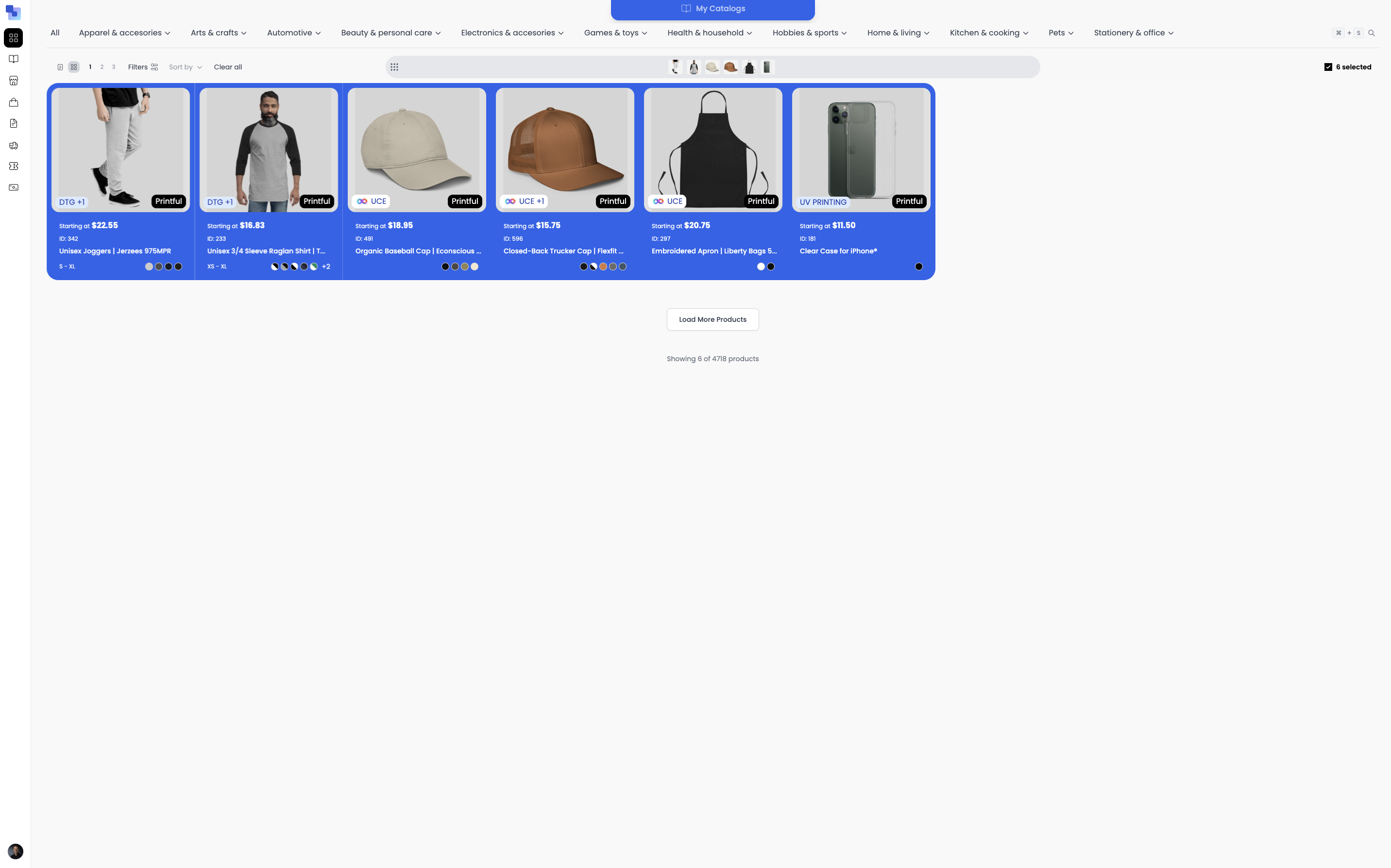 The smart bar at the bottom of the marketplace showing 6 selected products with thumbnails — stays visible as you continue browsing