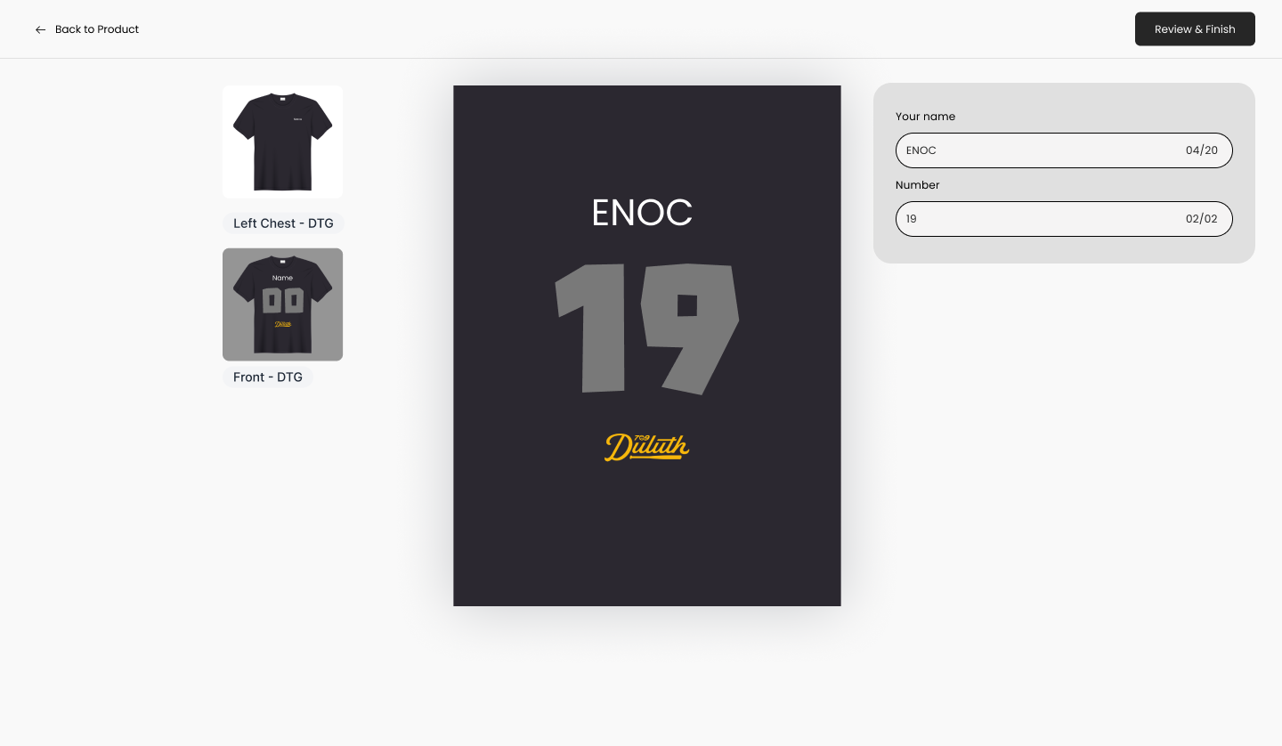 Storefront personalization editor showing a jersey with ENOC and number 19 filled in by the shopper — real-time preview updates as they type