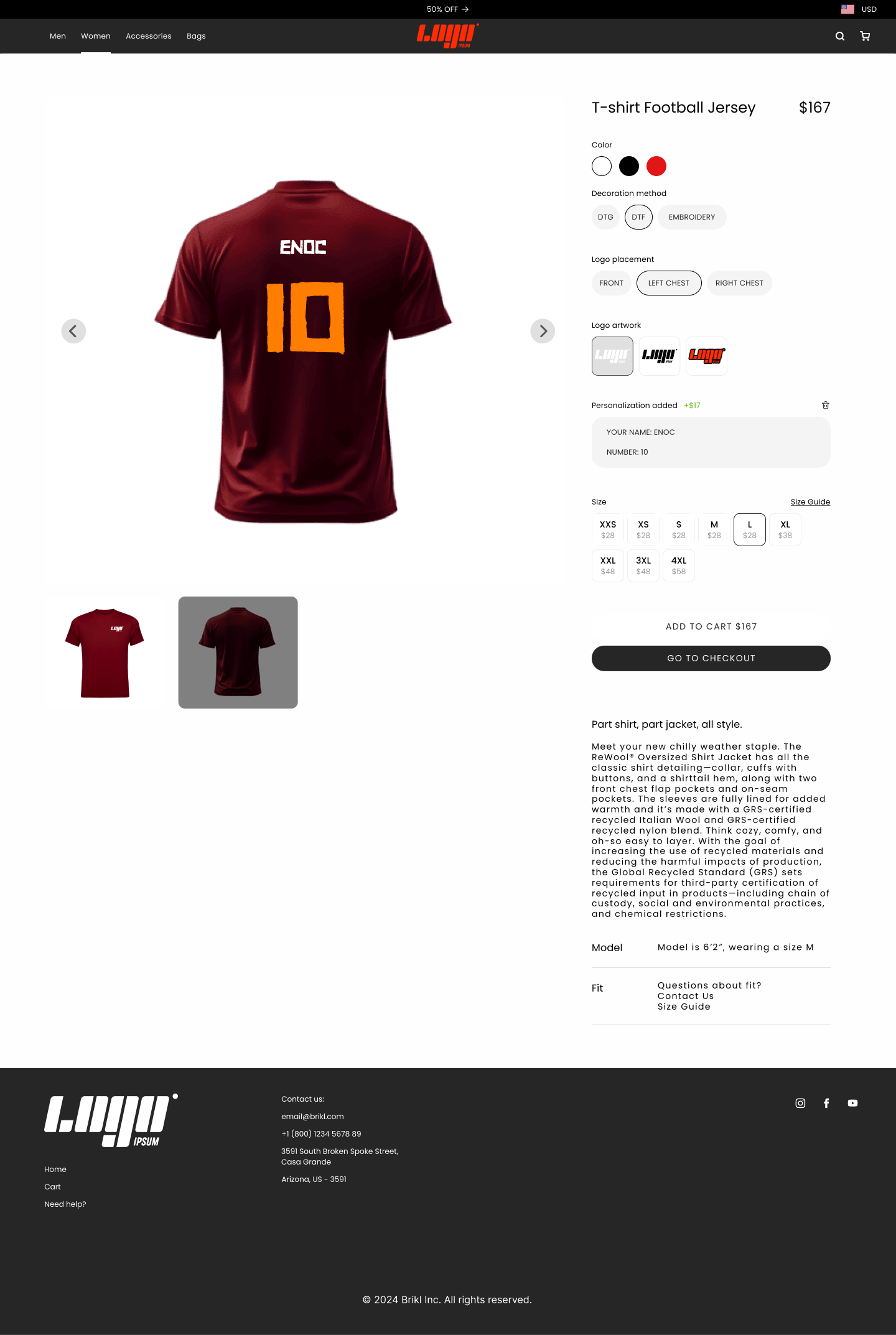 Brikl storefront product page showing a decorated hoodie with size, color, and personalization options