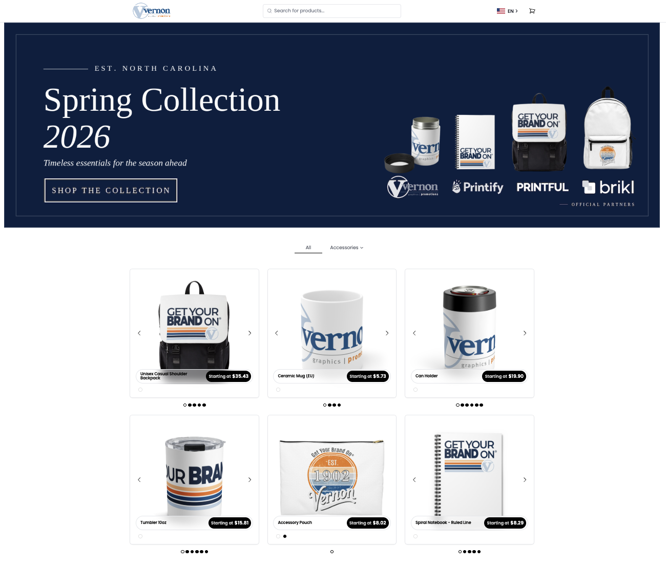 Vernon Company branded store powered by Brikl showing decorated products and official partner logos