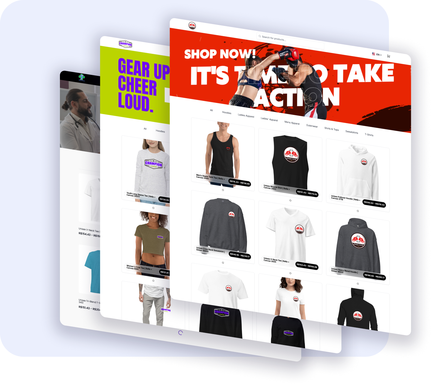 Branded on-demand stores powered by Brikl showing multiple storefront designs