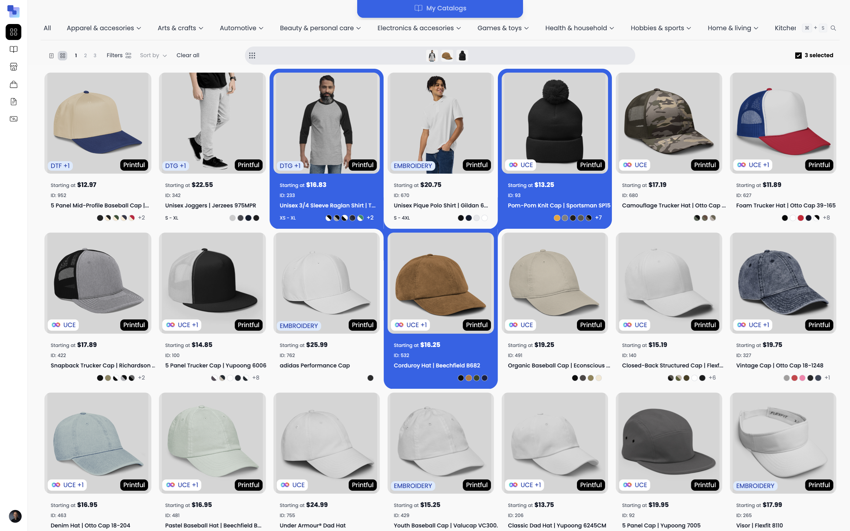 Brikl platform — product marketplace showing hats, apparel, pricing, and decoration methods