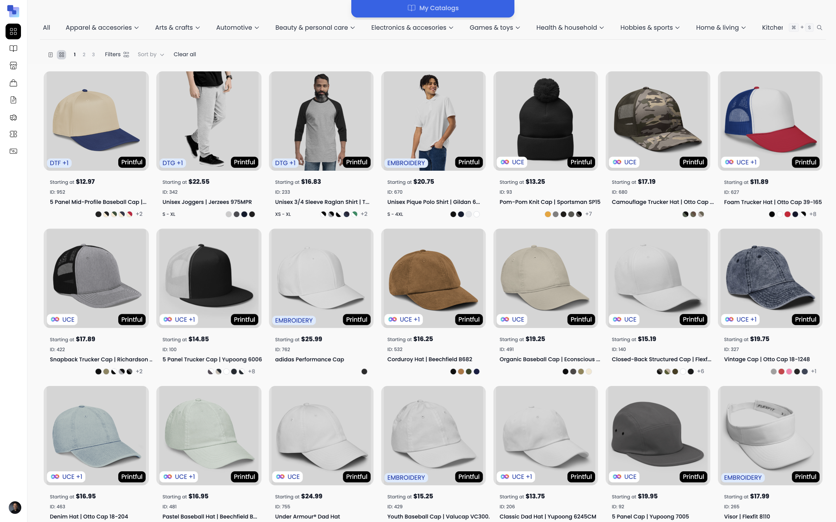 Brikl supplier marketplace showing hats and caps with decoration method badges