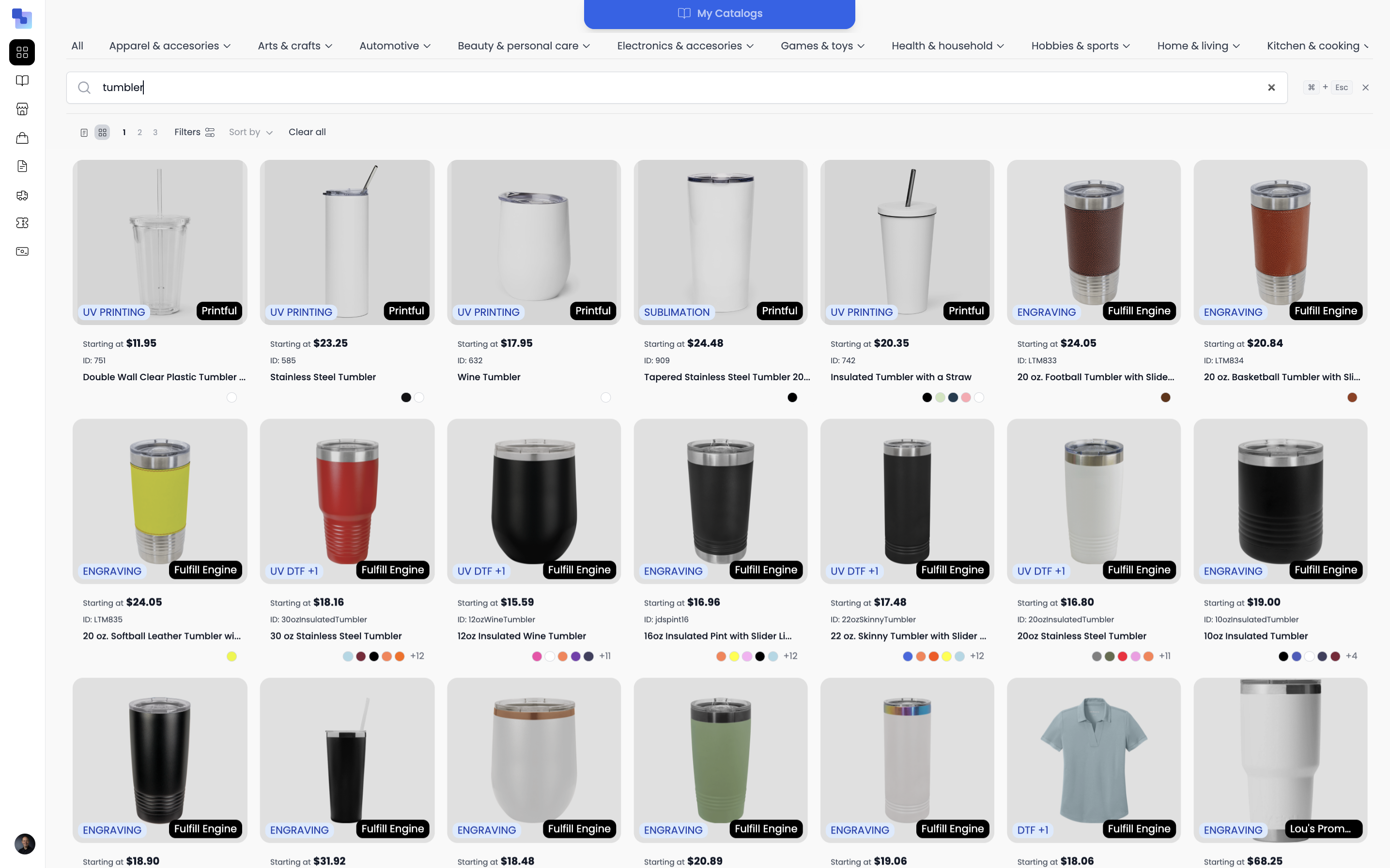 Brikl marketplace showing drinkware products with UV Printing, Sublimation, and Engraving decoration methods