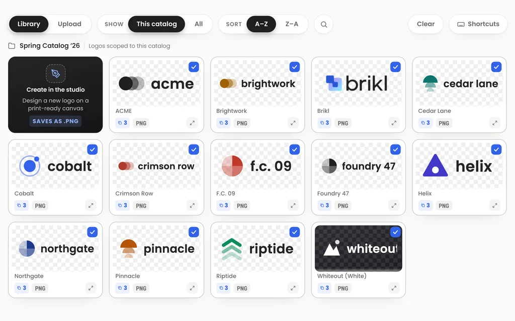 The Brikl logo library for a catalog, showing uploaded client logos as PNG files ready to place on products