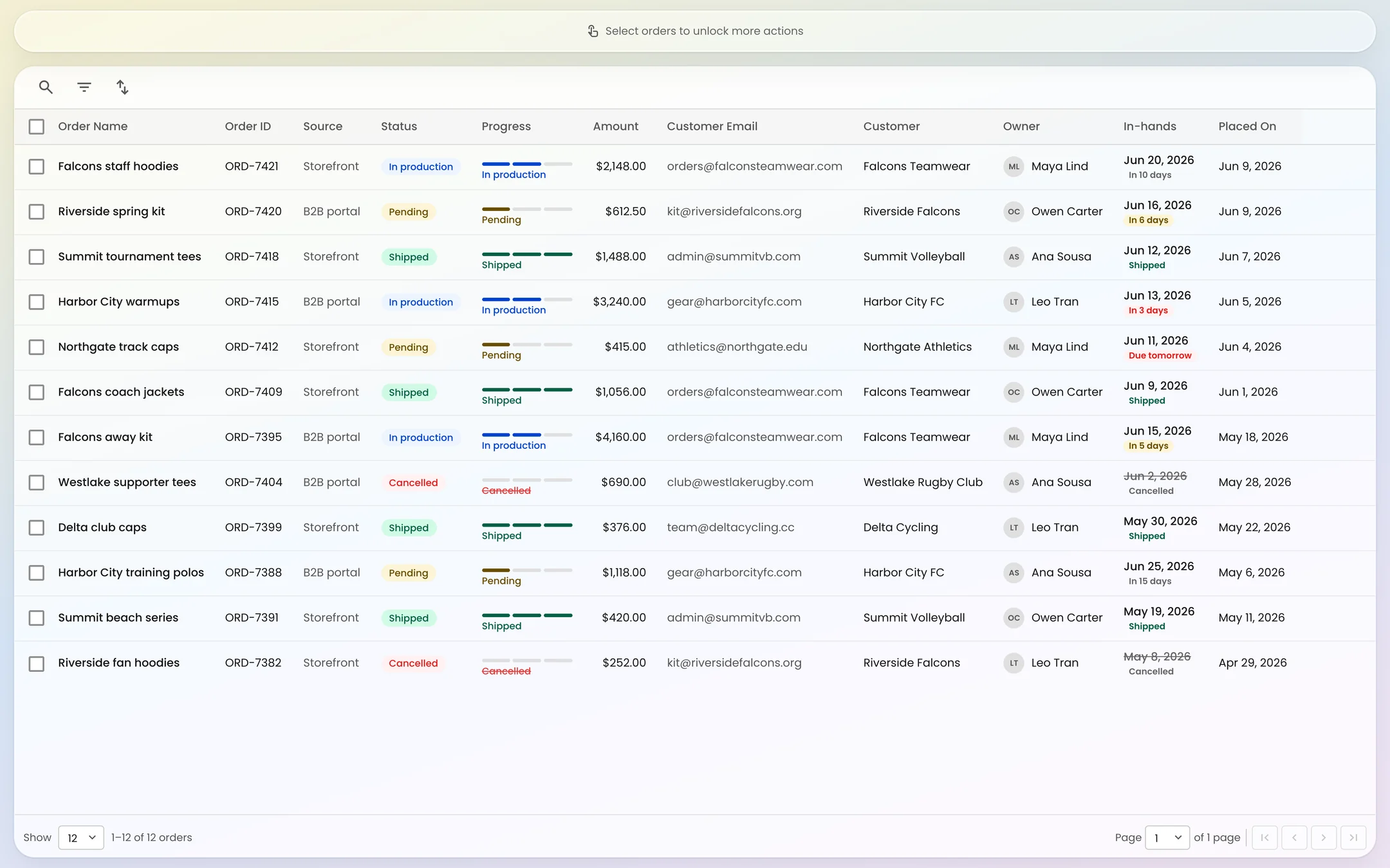 Brikl orders list showing store and direct orders with status, progress, amount, customer, owner and in-hands dates