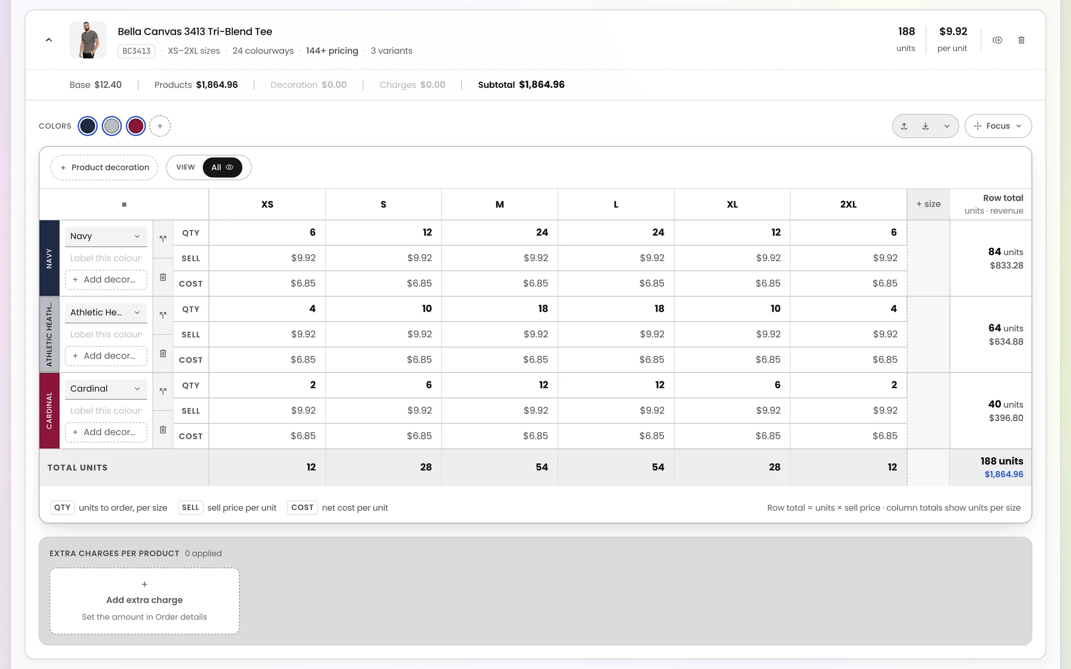 Brikl Order Builder size grid for a tri-blend tee: one row per colorway, one column per size from XS to 2XL, with quantity, sell price and cost in each cell and row totals on the right