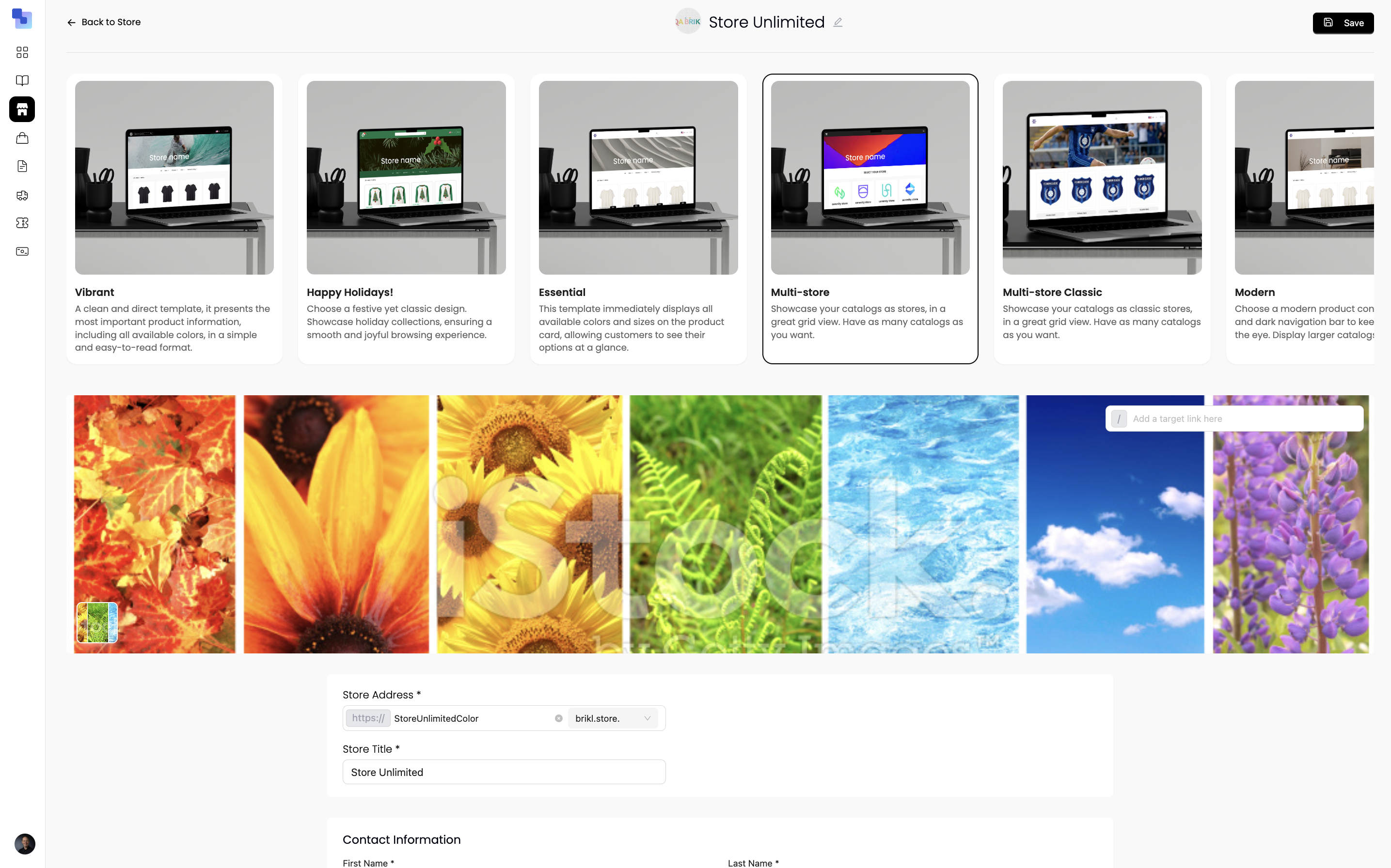 Brikl store template selection with six pre-built templates and banner image options