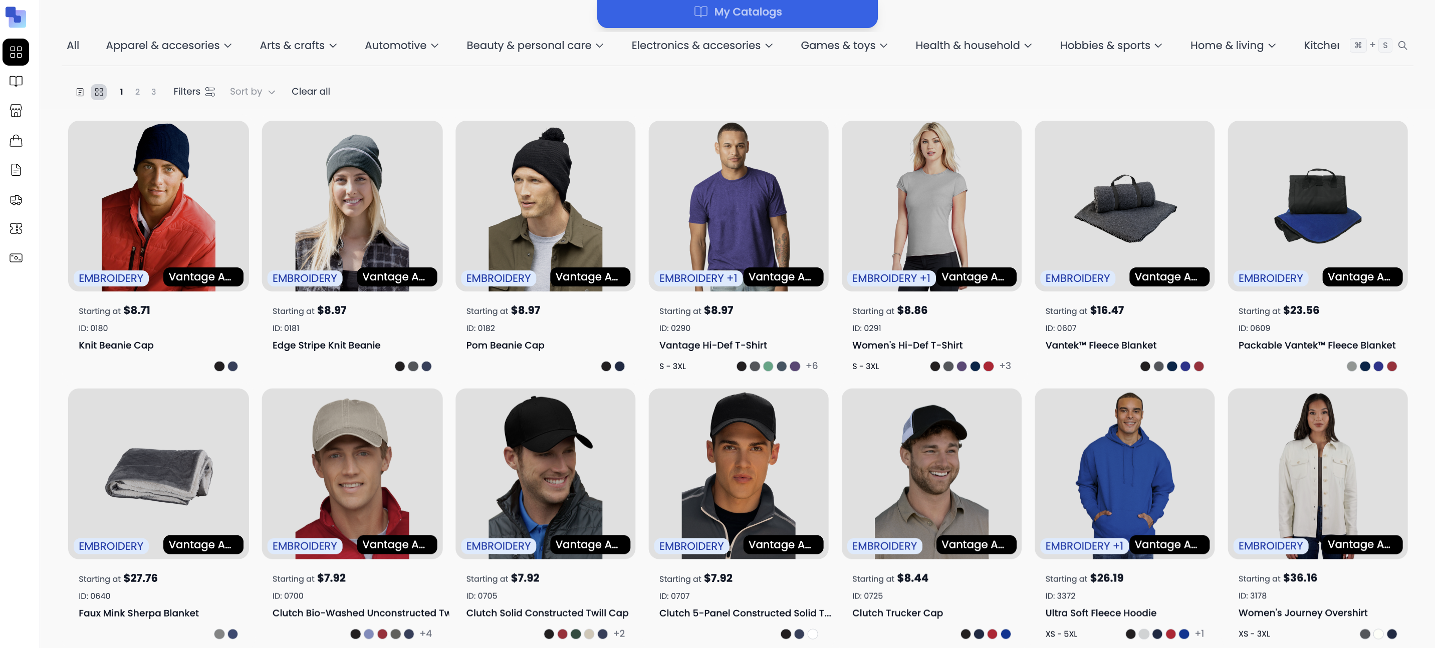 Vantage products available in the Brikl marketplace showing caps, t-shirts, blankets, and hoodies with embroidery decoration